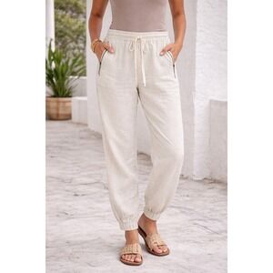 Lou & Grey 100% Linen Jogger Pants Women L Cream Drawstring Zip Pocket Coastal
